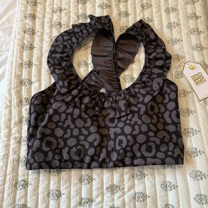 Emily McCarthy Ruffle Sport Bra in Black and gray noir cheetah